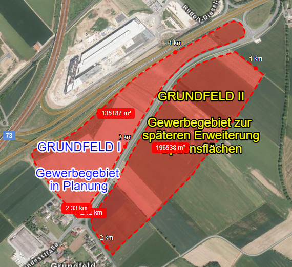 Das ist das Szenario, dass im Schlimmsten aller Fälle am Heiligen Berg drohen kann. Wie gesagt KANN. Wir haben es eingezeichnet, damit Sie sich über die Dimensionen informieren können. Auch das Gewerbegebiet in Ebendfeld hat mal "klein" angefangen.
Wenn einmal die Hemmschwelle fällt, dann vermehren sich die Hallen quasi von selbst!